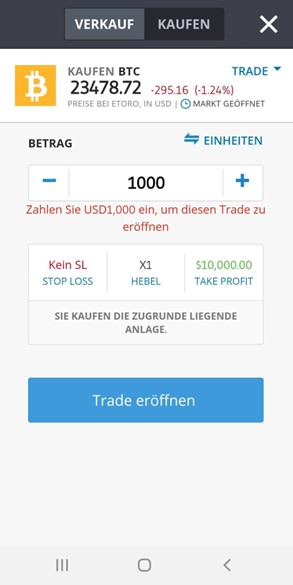 Einen Trade mit der eToro App eröffnen.